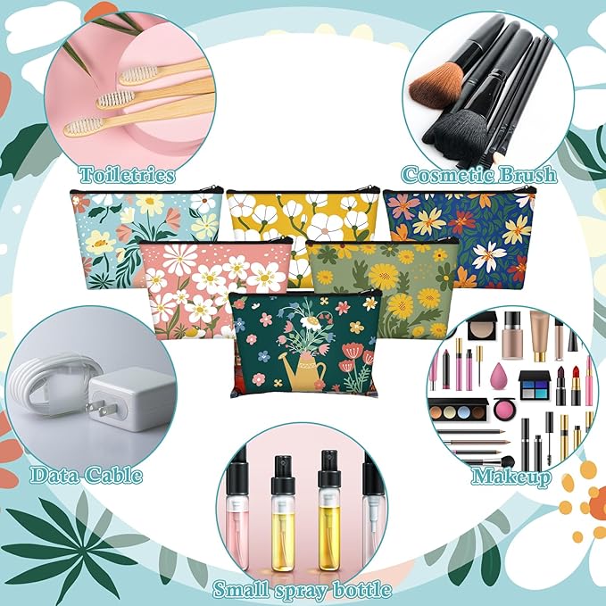 Sweetude 12 Pcs Colorful Flower Makeup Bags Bulk Portable Travel Cosmetic Bags with Zipper Watercolor Floral Waterproof Roomy Travel Toiletry Organizer Storage Pouch for Women Gifts