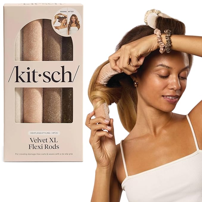 Kitsch Velvet Jumbo Flexi Rods, Heatless Curling Rods - No Heat Curls Overnight, Comfortable Hair Curlers to Sleep In for Frizz-Free and No Heat Damage Styling - 4pcs, Eucalyptus