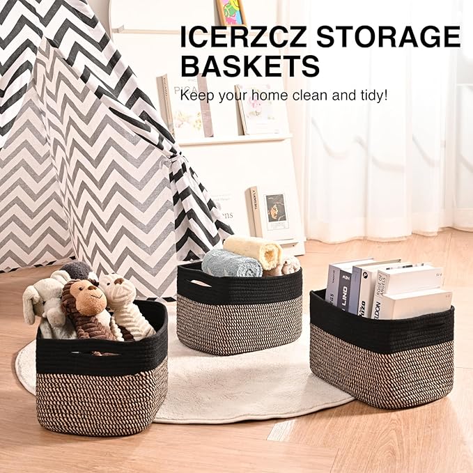 ICERZCZ Storage Baskets for Shelves Organizing, Woven Cotton Rope Baskets for Storage, Book Basket, Decorative Shelf Basket, 12.5"Lx9.1''Wx7.9''H (4 Packs) Black & Jute