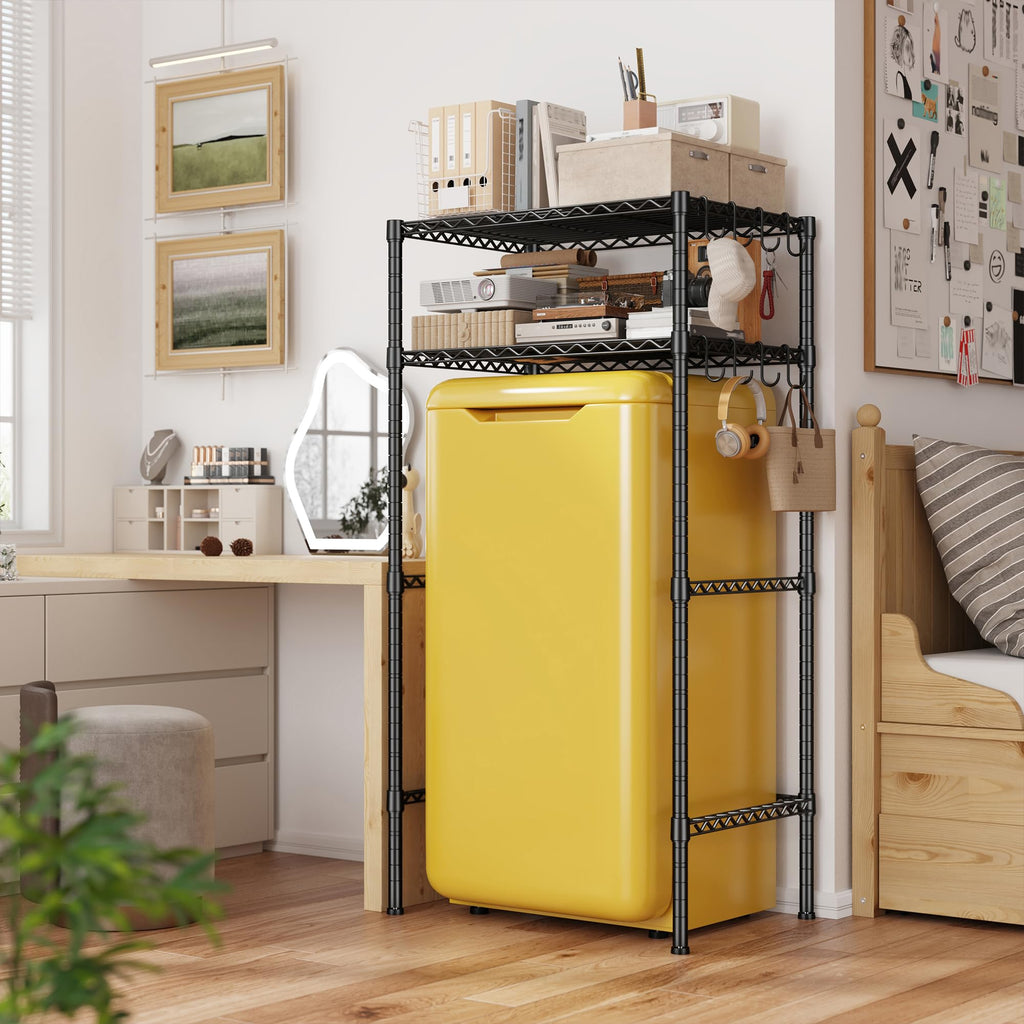 REIBII Mini Fridge Shelf with Storage, 2-Tier Adjustable Metal Shelving Unit with 8 Hooks,176 LBS Heavy Duty Organizer Rack for Dorm Room,Apartment, Kitchen and Office,52.36" H x 26.38" W x 18.1" D