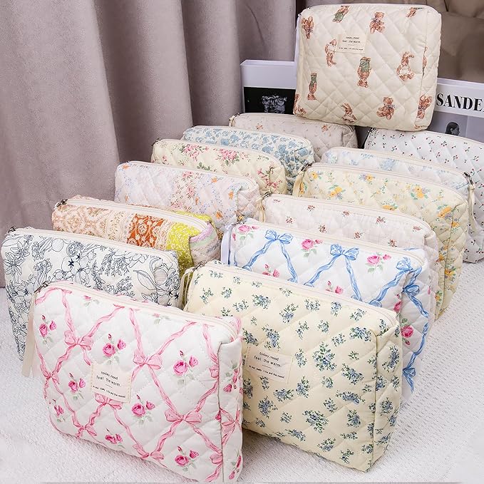 Gosect 2PC Makeup Bag Set, Cute Cosmetic Bag for Women Girls, Floral Coquette Aesthetic Toiletry Bag, Travel Make Up Organizer Bag (Cat Print)