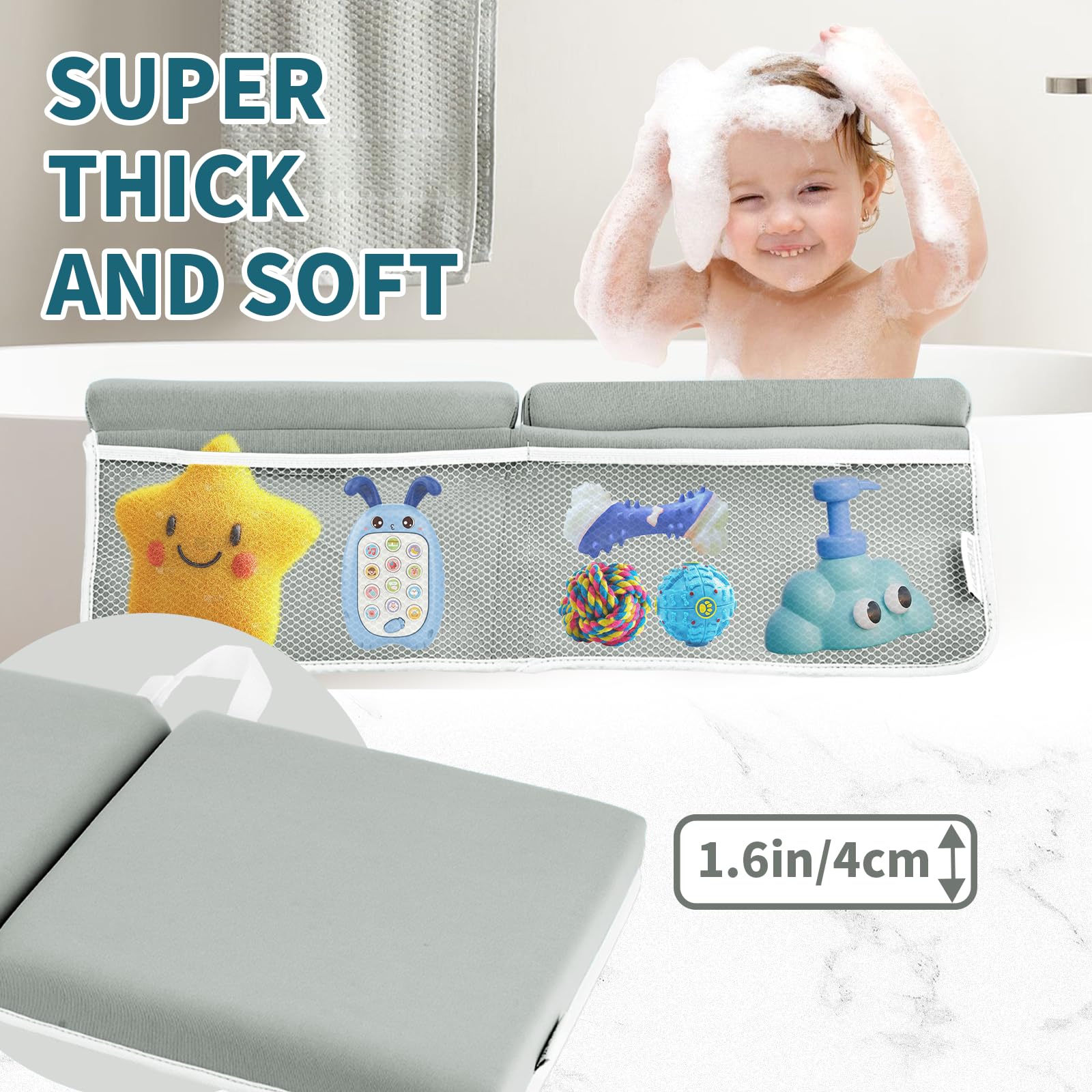OFiSEXPT Bath Kneeler and Elbow Rest Pad, Thick Quick Dry Kneeling Pad, Elbow Support, Large Bathtub Kneeling Mat with Toy Organizer for Baby Bathing (Grey)