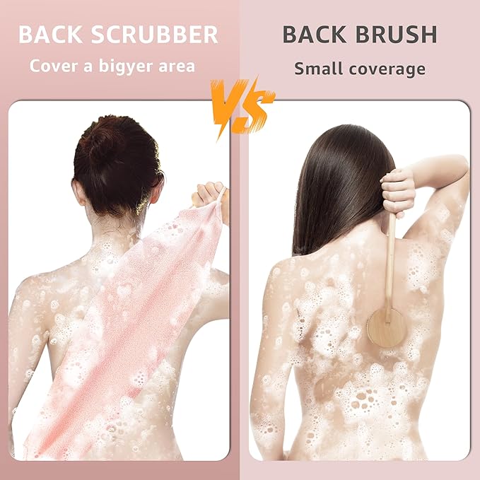 Culture Gifts Extended Exfoliating Back Scrubber with Handles, Nylon Cleaning Exfoliator Washcloth for Body, Stretchable Pull Strap Soft Quick-Drying Rough Scrub Towel, Pink
