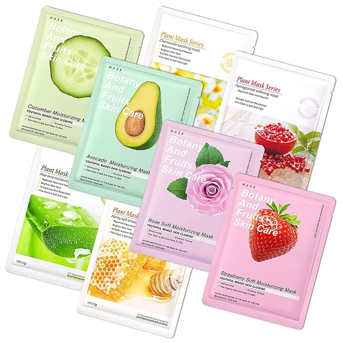 8 Pack Variety Facial Sheet Masks Skin Care Set, Hydrating Bulk Sheet Face Masks Skincare Gifts Set for Women Men, Long Lasting Moisturizing Face Mask Skincare for All Skin Type（01)