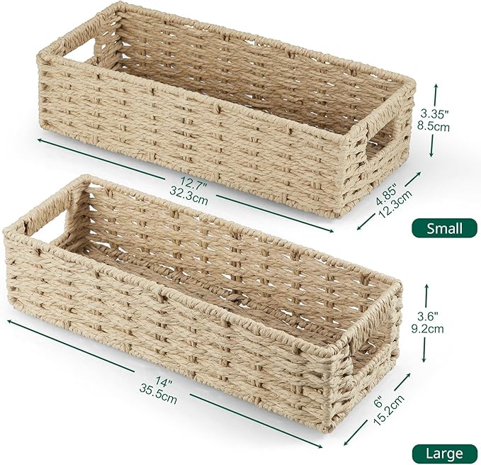 dreamkey Set of 2 Wicker Toilet Paper Storage Baskets, Hand-Woven Paper Rope Bathroom Organizer for Toilet Tank Top & Countertop, Decorative Nesting Baskets with Handles, Beige
