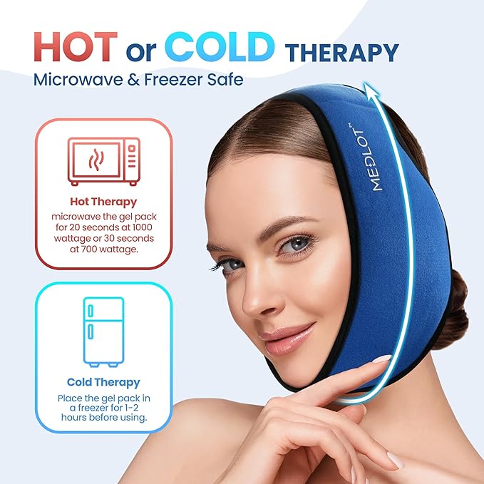 LotFancy Face Ice Pack Wrap for TMJ, Wisdom Teeth, with 4 Reusable Hot Cold Therapy Gel Packs, Pain Relief for Head, Oral and Facial Surgery, Dental Implants, Blue