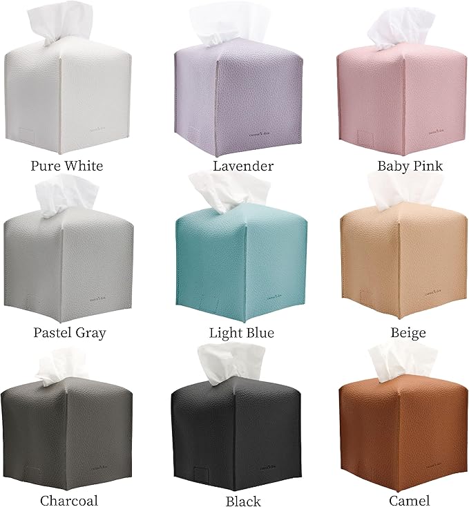 Tissue Box Cover Holder, Square with Bottom Belt by Carrot's Den - PU Leather Decorative Organizer for Tabletop, Bathroom, Car, Office | Pastel Gray