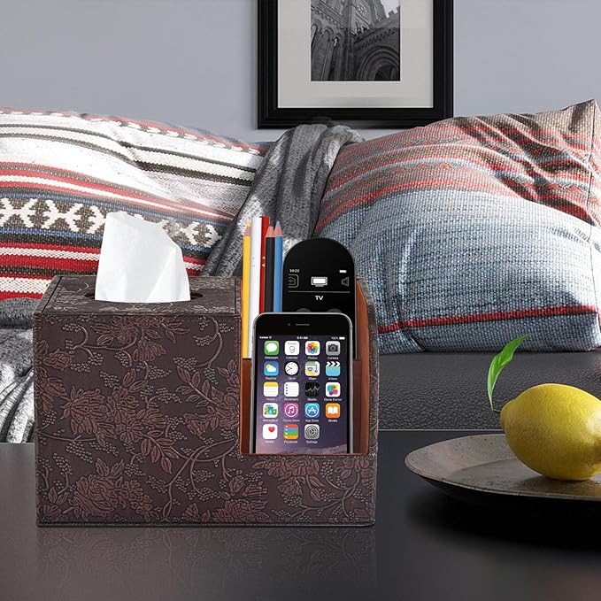 PU Leather Tissue Box Cover Square Tissue Holder Tissues Box Organizer with 2 Compartment,Remote Control Holder,Multifunctional Decorative Tissue Box Covers Cube,Home Office Desktop Storage Box,Retro