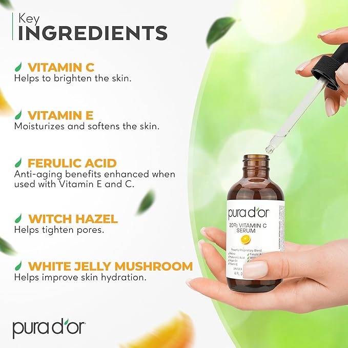 PURA D'OR 20% Vitamin C Facial Serum 4 Oz Antioxidant Anti-Aging Blend w/Retinol, Hyaluronic Acid, Ferulic Acid - Hydrating Lightweight Ayurvedic Skin Care - Men Women Daily Use