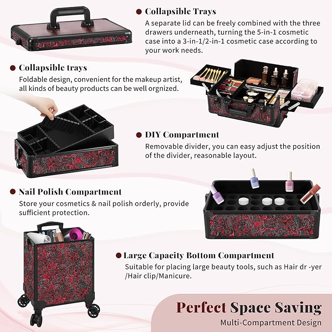 JINGUAN Professional Rolling Makeup Train Case with Lid, 5 in 1 Cosmetology Case on Wheels, Large Cosmetic Trolley Organizer Travel for Hairstylist Artist Nail Beauty Salon Barber, Red
