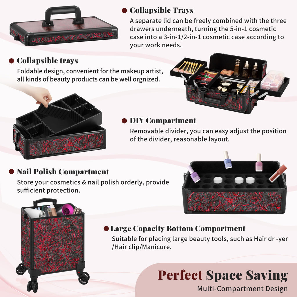 JINGUAN Professional Rolling Makeup Train Case with Lid, 5 in 1 Cosmetology Case on Wheels, Large Cosmetic Trolley Organizer Travel for Hairstylist Artist Nail Beauty Salon Barber, Red