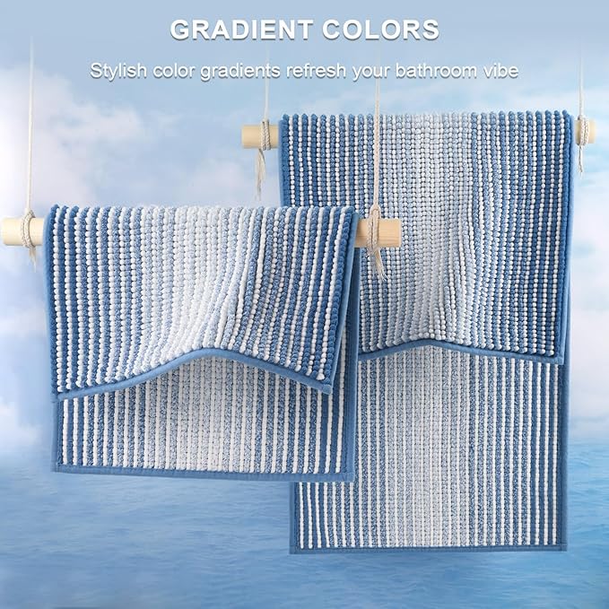 BSICPRO Bathroom Rugs and Mats Sets, 2 Piece Thick Absorbent Chenille Bath Mat Rug Set Non Slip, Soft Shaggy Bath Room Floor Mats for Bathroom, Machine Washable (Sky Blue, 20" x 47" Plus 16" x 24")