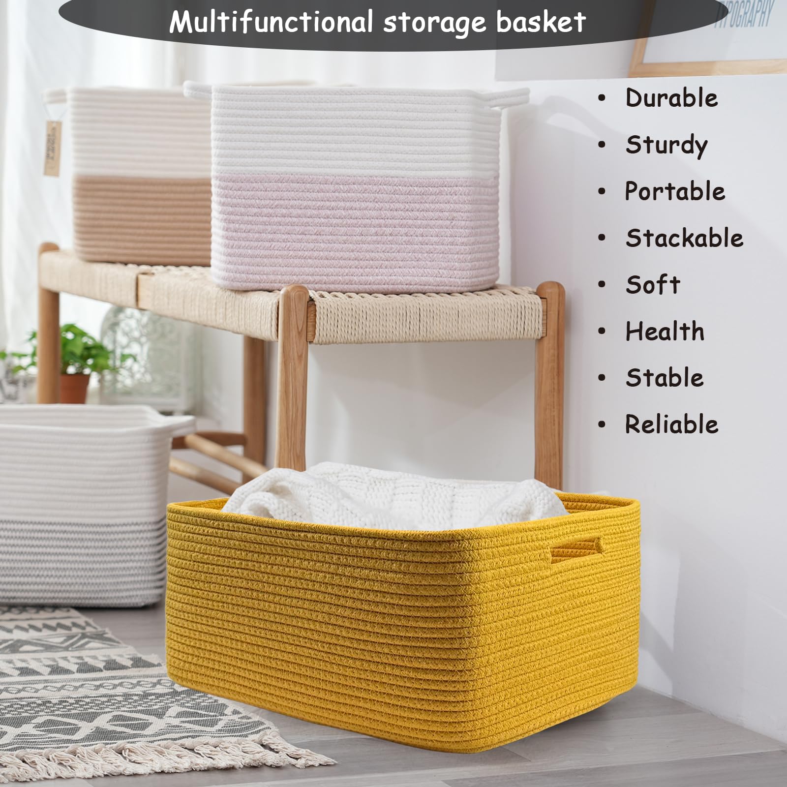 COMFY-HOMI Cotton Rope Woven Basket with Handles for Shelves,Toys,Book, Cloth Storage Baskets Bin for Organizing- 1 PCSToy Decorative Organizer for Living Room, Bathroom 17" x 13" x 7.5"