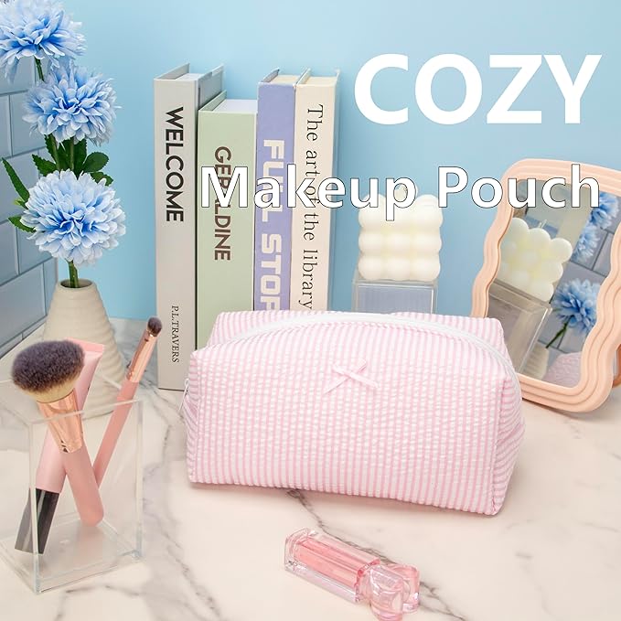 Cozy Makeup Bag for Women,Zipper Cosmetic Pouch,Stripe Ballet Pink,6 Pack