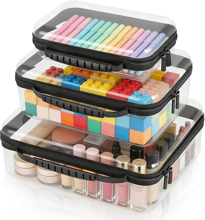 JZRTravel 3 Pack Clear Hard Shell Zipper Case with Handle Waterproof PET Hard Plastic Storage Pouches for Toiletry Makeup Cosmetic Toys Art Supplies Case Bag Organizer Travel Essentials