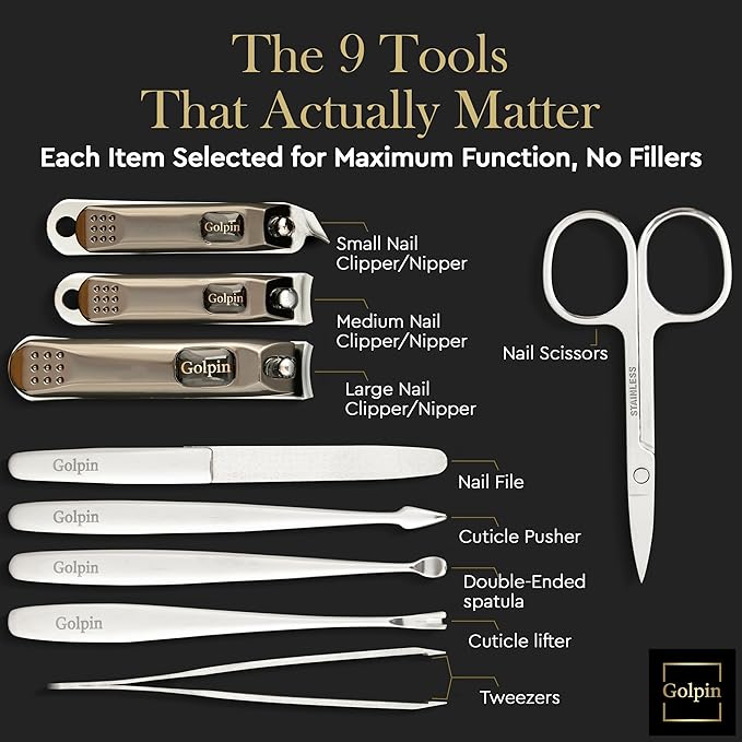 9 Pcs Manicure Set for Men & Women – Stainless Steel Manicure & Pedicure Kit with Travel Nail Grooming Case, Nail Clippers, Cuticle Tools – Gift-Ready Mens Manicure Kit & Womens Grooming Set