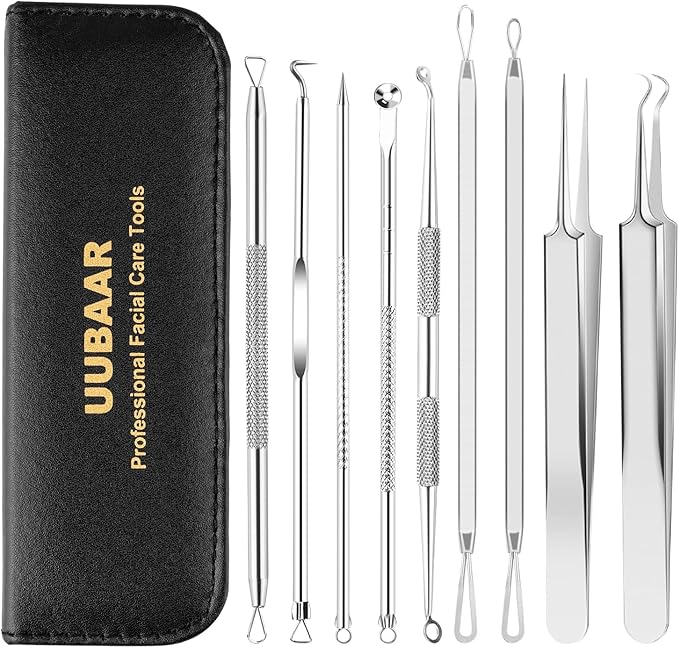 UUBAAR 9PCS Blackhead Remover Tools, Pimple Popper Tool Kit with 2 Tweezers, 304 Stainless Steel Comedone Extractor, 16 Precision Heads Face Nose Acne Zit Removal, Home Esthetician Use & Leather Case