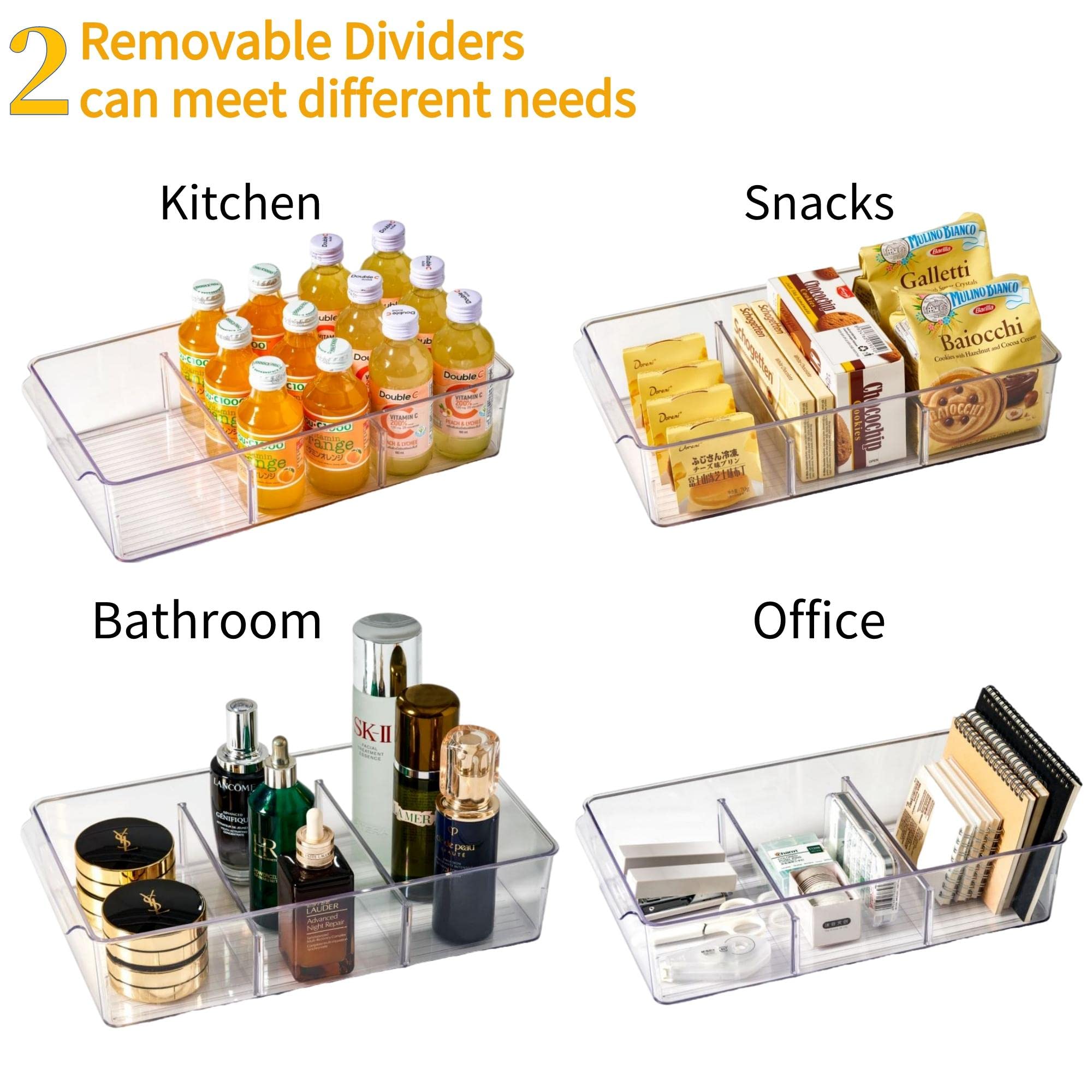 vacane Plastic Pantry Organization and Storage Bins with Removable Dividers, Pantry Organization Refrigerator Organizer Bins, Cabinet Organizers, 2 Pack 13.8" XL