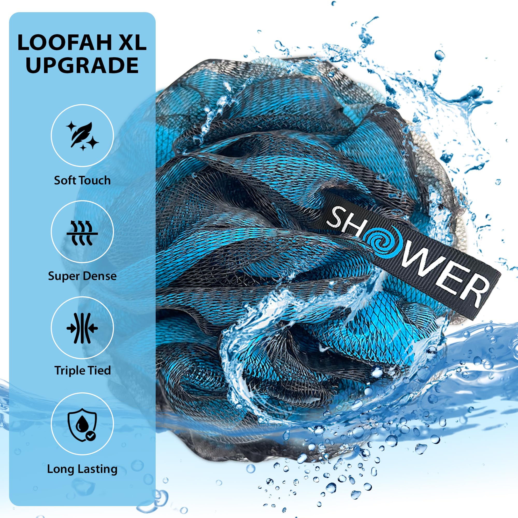SHOWER BOUQUET Loofah-Charcoal Bath-Sponge XL-Color-4-Pack // Extra Large 75g Soft Mesh Black Luffa Loofa Loufa Puff Set/Exfoliating Body Scrubber for Women and Men - Exfoliate & Soothe Face & Body