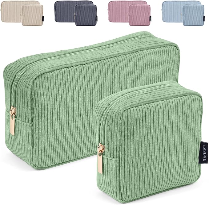 MAGEFY Makeup Bag for Purse, 2 Pcs Corduroy Cosmetic Bag for Girls Women Small Travel Makeup Pouch with Zipper(Green)