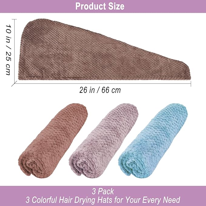 3 Pack Microfiber Hair Towel Wrap for Women, Fast Drying Hair Turban with Button, Anti-Frizz Large Hair Towel for All Hair Styles, Soft & Absorbent Hair Drying Towel (Purple, Bule, Brown)