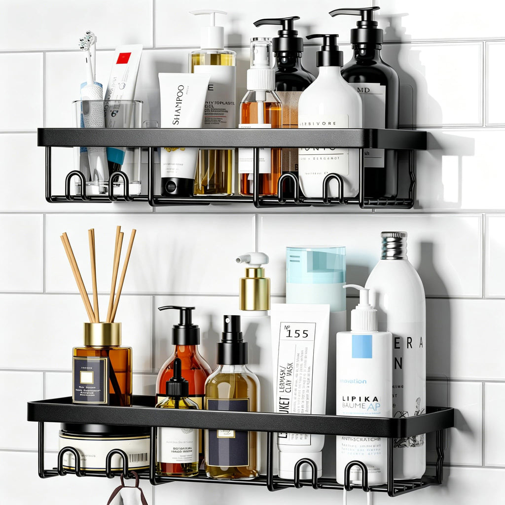 Moforoco Shower Caddy Shelf Organizer Rack, Self Adhesive Black Bathroom Shelves Basket, Home Farmhouse Wall Inside Organization and Storage Decor Rv Accessories, First Camper Apartment Essentials