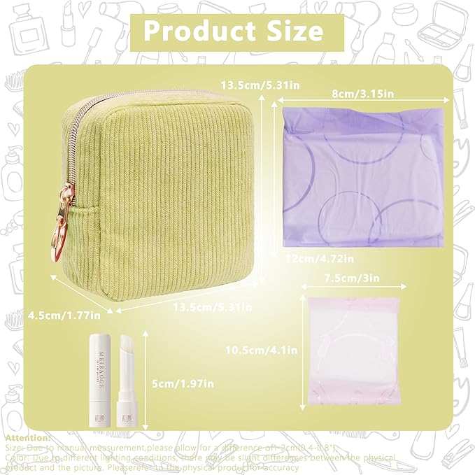 Period Bag for Girls, Corduroy Sanitary Napkin Storage Bag, Period Pouch & Tampon Holder, Feminine Care Organizer（Green）
