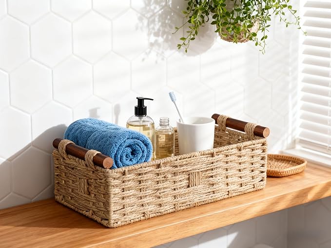 Back of Toilet Basket, Khaki Wicker Toilet Tank Basket for Toilet Paper Storage, Basket for Toilet Tank Top, Neutral Bathroom Organizer for Wipes & Essentials
