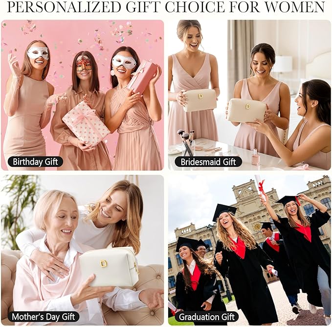 Kigeli Gifts for Women Teen Girls Gifts for Bridesmaid Mom Teachers Graduation Birthday Wedding Personalized Initial Makeup Bag Beige PU Leather Monogram Cosmetic Waterproof Travel Toiletry Bag