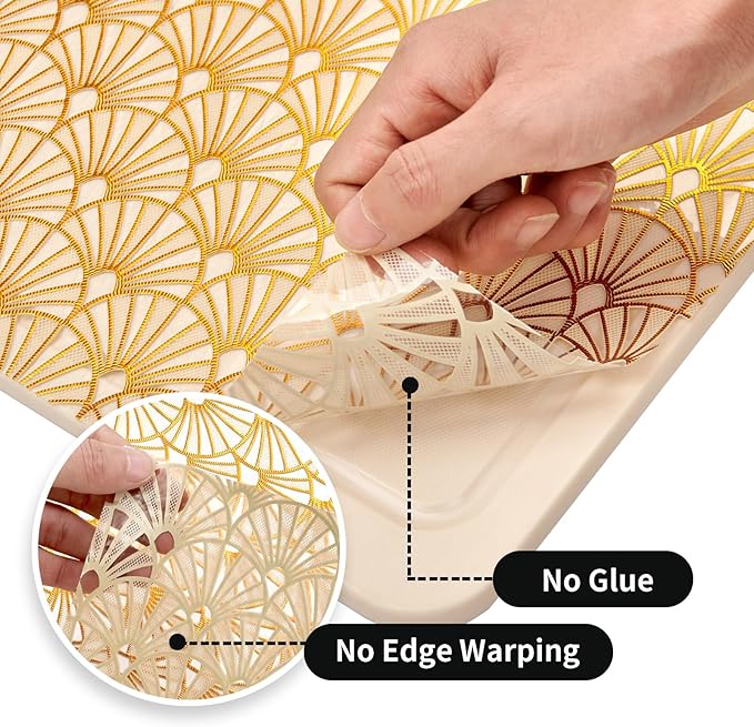 Shelf and Drawer Liner for Kitchen Cabinet,Non-Adhesive Waterproof Oil-Proof Easy Clean Shelf Liner for Dresser & Bathroom Vanities with Adhesive Dots & Cutting Tool(12 in X 10 Ft Gold Fish Scale)