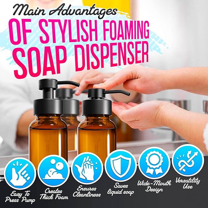 2 Pcs Amber Glass Foaming Soap Dispenser - 8.5 Oz Refillable Glass Foaming Hand Soap Dispenser, Non-Slip Bottom, 6 Moisture-Resistant Labels - Elegant Pump Bottles for Bathroom & Kitchen Counter Decor