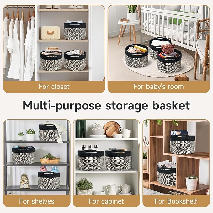 Small Rope Baskets for Storage, Baskets for Gifts Empty, Cute Round Woven Basket, Decorative Shelf Baskets 9.82×9.82×7.1", Cotton Toy Basket Storage Bins for Organizer 3 Packs-Brown+Black