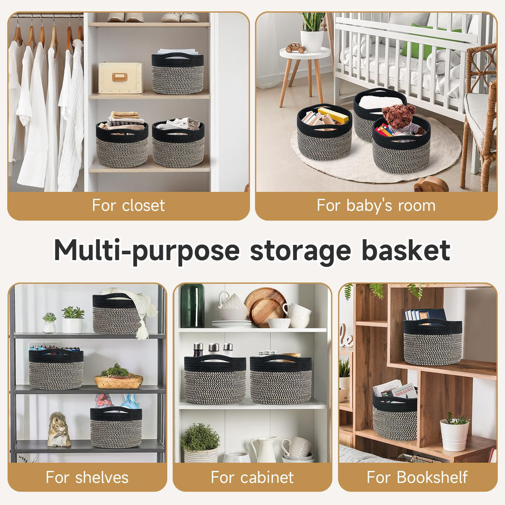 Maxuni 3 Pack Small Rope Storage Baskets, 9.82×9.82×7.1", Brown+Black