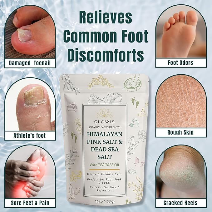 Glowis Tea Tree Oil Foot Soak with Himalayan & Dead Sea Salt | Pedicure Salt Foot Soak for Nail Discoloration, Calluses & Odor | Natural Detox Foot Bath Soak with Sandalwood, Lavender & Rose | 16 oz