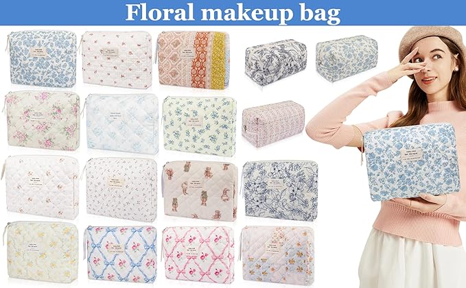 Gosect Floral Makeup Bag, Cute Cosmetic Bag for Women Girls, Quilted Cotton Make up Pouch, Travel Makeup Bags, Portable Storage Toiletry Organizer Bag(Pink Floral)