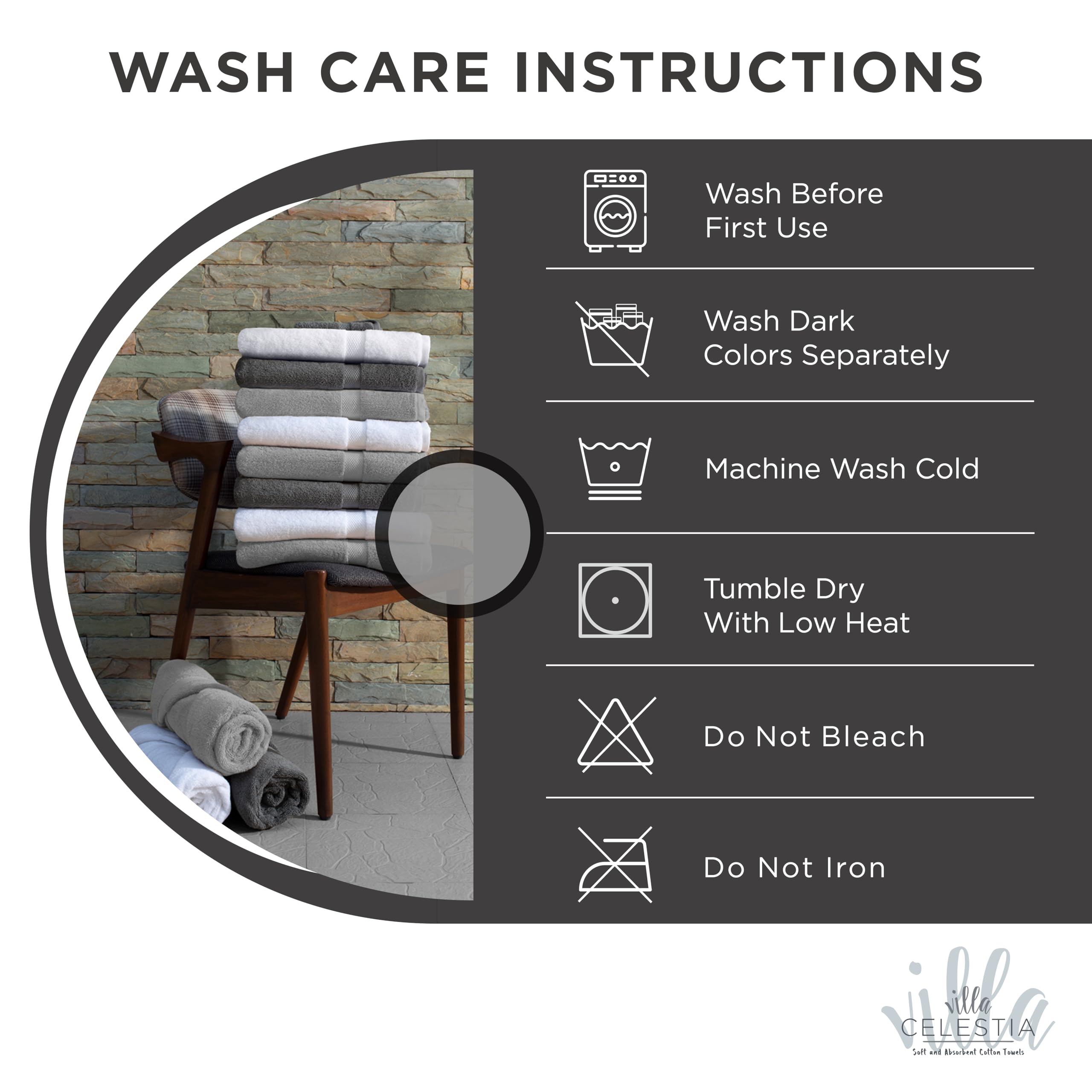 Villa Celestia Cotton Hand Towels Set of 4, 16 x 28, Oeko-TEX Certified, Quick Dry, Black