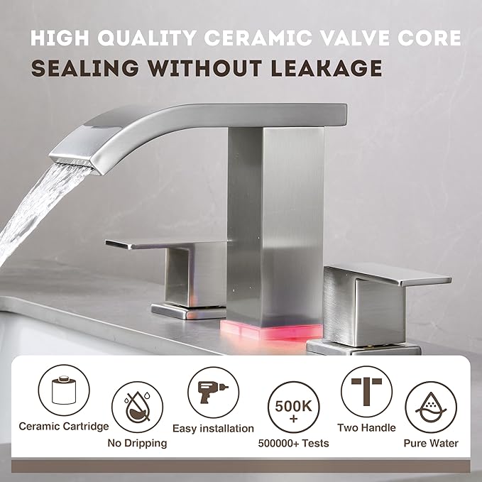 Bathroom faucets 3 Hole Brushed Nickel Vanity Faucet with led Waterfall Bathroom Faucet 3 Hole Sink Faucet Bathroom 8 inch Widespread Modern Parts Touch on 2 Handle