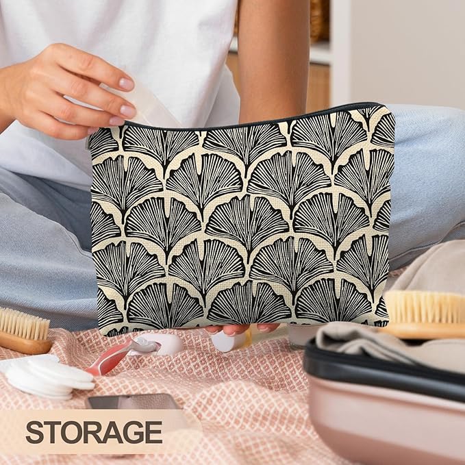 RYYCDOI Abstract Black and Beige Makeup Bag, Art Deco Feather Palm Botanical Cosmetic Bags for Women, Mid Century Modern Art Zipper Makeup Pouch