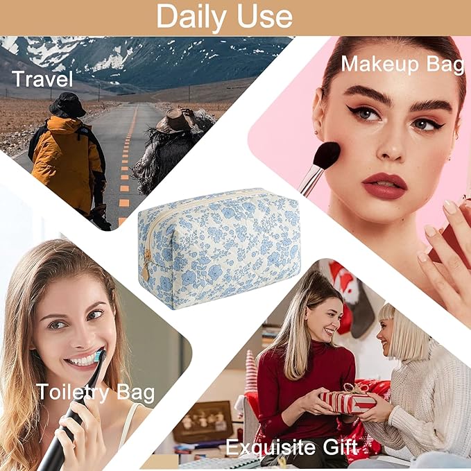 HHQQWZ Makeup Bag Travel Cosmetic Bag for Women Girls, Zipper Make Up Pouch, Floral Flowers Toiletry Organizer Makeup, Portable Storage Bag, Cosmetic Travel Cloth Bag (2 Pack (L+S)/Blue Floral)