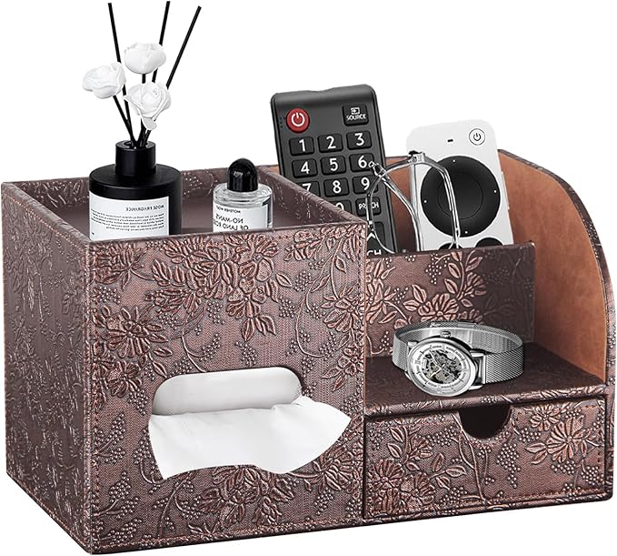 YAPISHI Tissue Box Cover with Storage Tray and Drawer, PU Leather Square Tissue Box Holder, Modern Cube Facial Tissue Dispenser, Makeup Holder, Remote Control Organizer for Nightstand, Bathroom Vanity