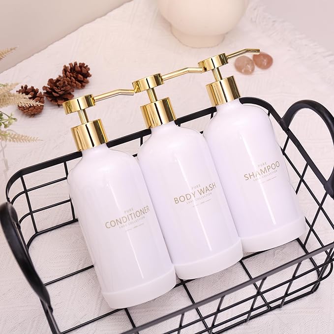 Janxin Shampoo and Conditioner Dispenser Set of 3,Refillable 20.5OZ Shampoo Bottles with Non-Slip Protective Silicone Pad,Shower Soap Dispenser with Waterproof Labels for Bathroom (White)