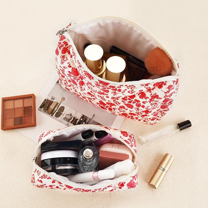2Pcs Quilted Makeup Bag Set Flower Cute Pencil Case Large Small Travel Makeup Pouch Set for Women Coquette Makeup Bag Aesthetic Cotton Cosmetic Bag Hot Pink Toiletry Organizer Storage Bag Zipper Pouch