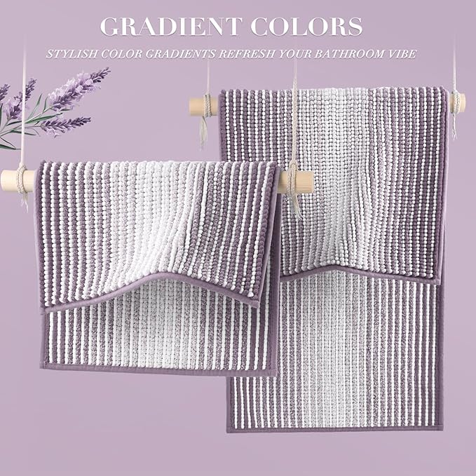 Bathroom Rugs and Mats Sets, 2 Piece Thick Absorbent Chenille Bath Mat Rug Set Non Slip, Soft Shaggy Bath Room Floor Mats for Bathroom, Machine Washable (Lavender Purple, 20" x 60" Plus 20" x 32")