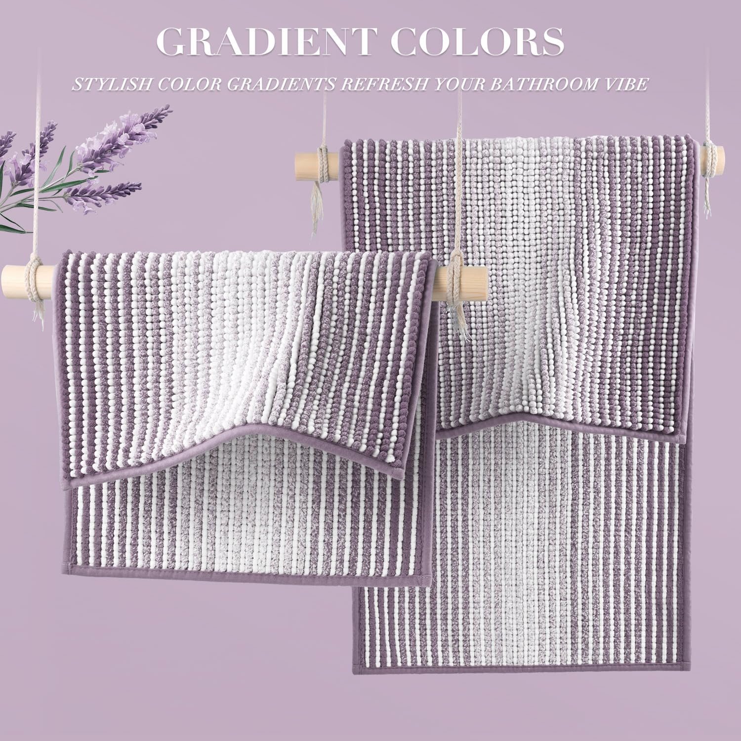 BSICPRO Bathroom Rugs and Mats Sets, 2 Piece Thick Absorbent Chenille Non Slip, Soft Shaggy Floor Mats, Machine Washable (Lavender Purple, 20" x 47" Plus 16" x 24")