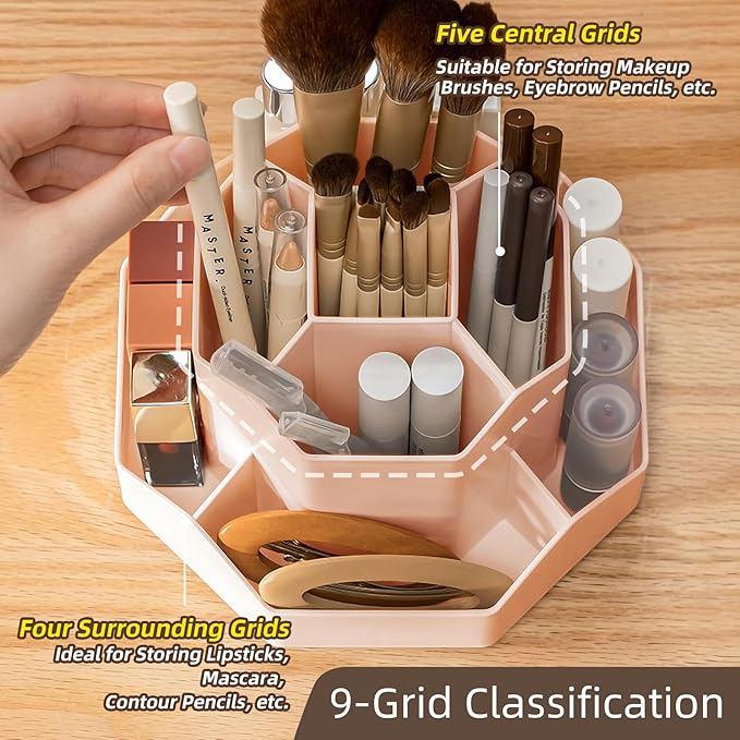 TNDCKP 360° Rotating Pink Makeup Brush Holder Organizer with 9 Slots, Makeup Organizers Countertop, Makeup organization and Skincare Storage for Vanity, Desktop, Bathroom (PINK)