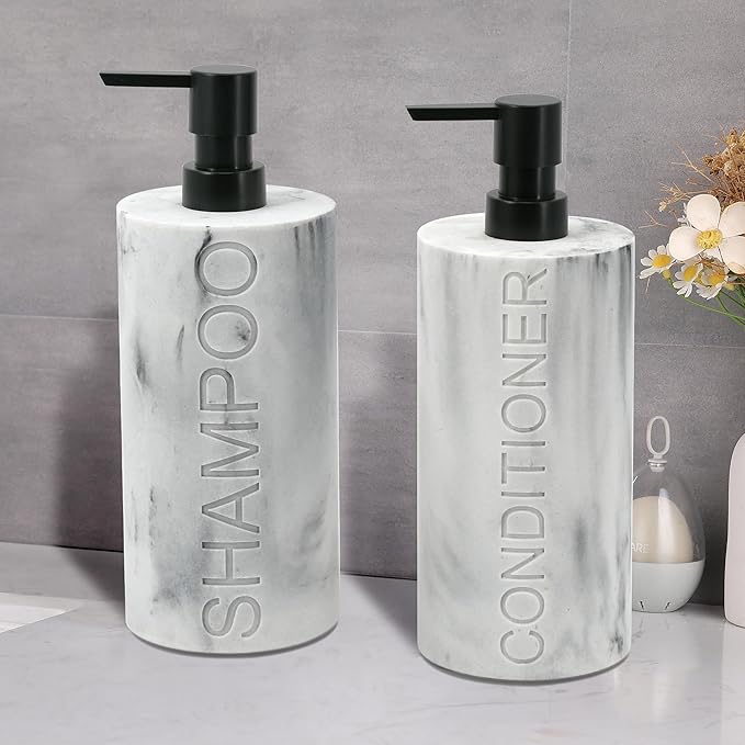 Indecor Home Marble Resin 2 Piece Shampoo and Conditioner Dispenser Set, Luxurious Refillable Pump Bottles with Matte Pump Top and Embossed Text, Durable Design for Bathroom and Shower