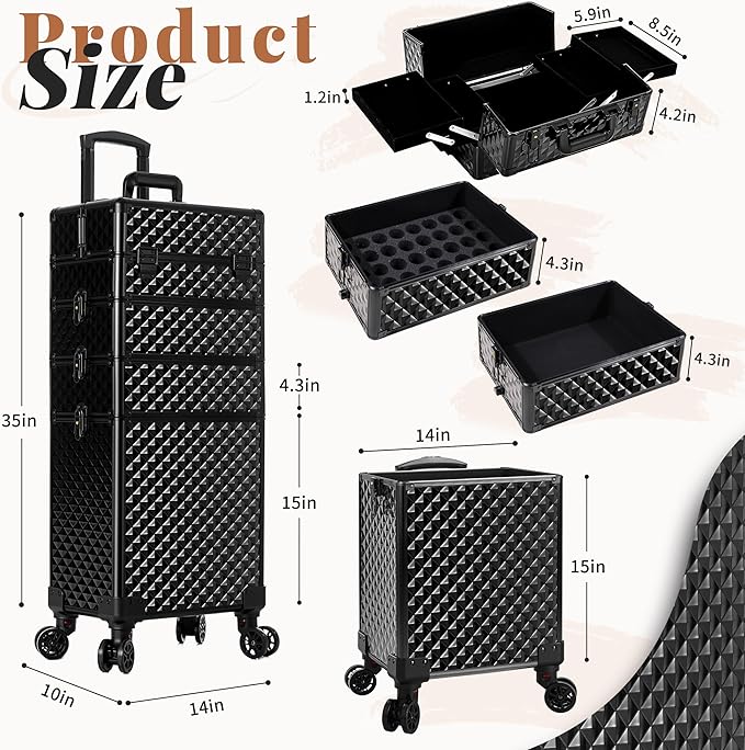 AROUS Rolling Train Makeup Case Cosmetology Case on Wheels, Black