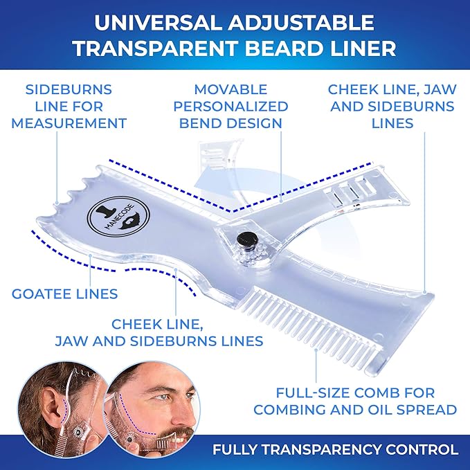Manecode Beard Shaping Kit - Grooming Tools for Men - Adjustable Lineup Template, Premium Wooden Comb, Laser Sharpening Scissors, All in Hygiene Travel Case