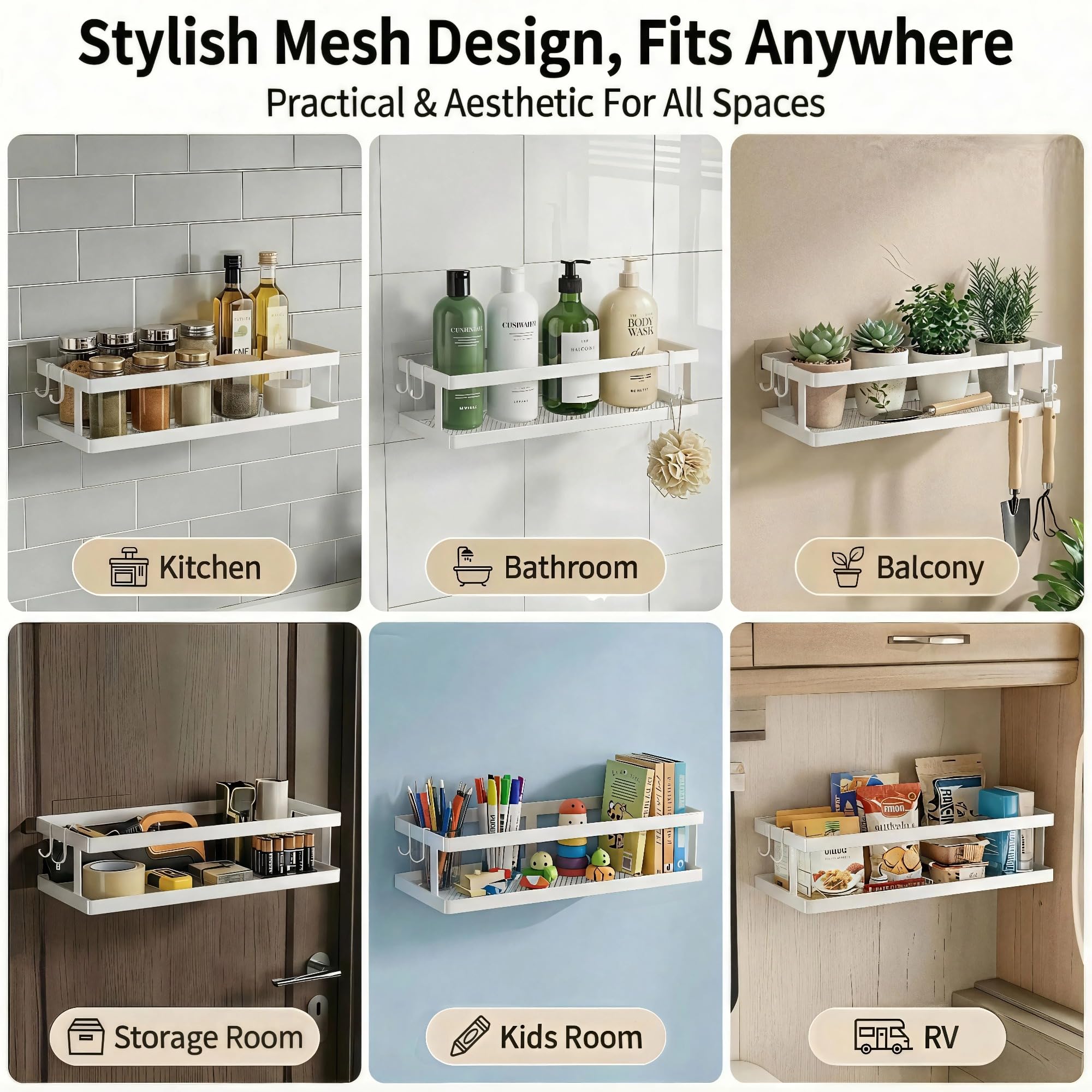 PUSDON 2-Pack Minimalist Shower Caddy Wall Mount, Open Frame Bathroom Shelf Organizer with Mesh Base, Rustproof Floating Spice Rack for Kitchen, Holds 50 LBS, 4 Hooks - White, Guardrail