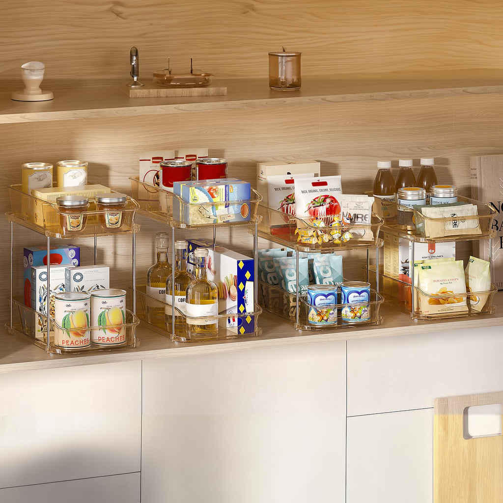 Delamu 2-Tier Under Sink Organizers and Storage, Multi-Purpose Stackable Bathroom Cabinet organizers, Pull Out Kitchen Pantry Organization and Storage with Dividers(2 Pack, Amber)